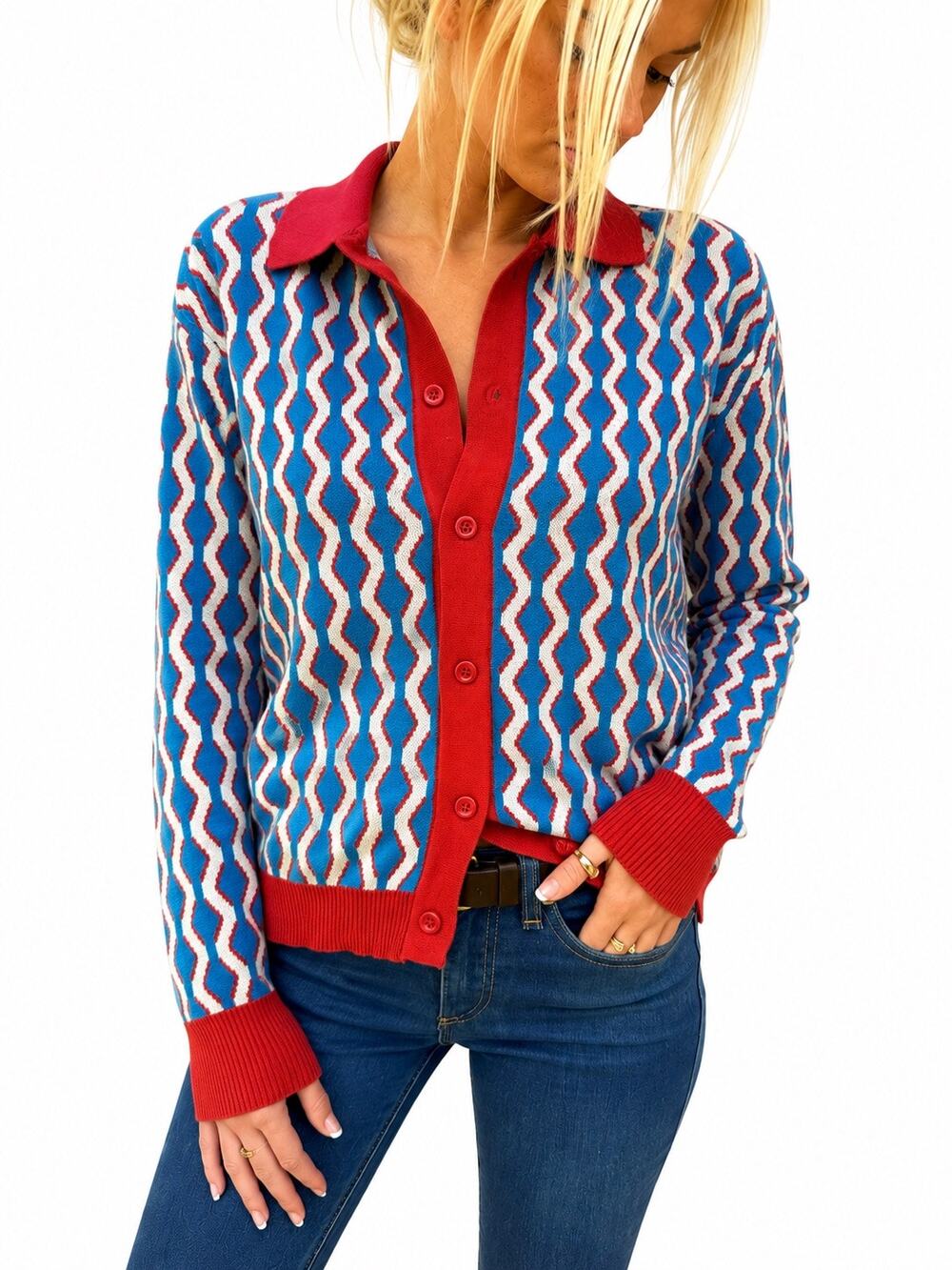 OXKNIT Retro Geometric Knit Button Front Cardigan